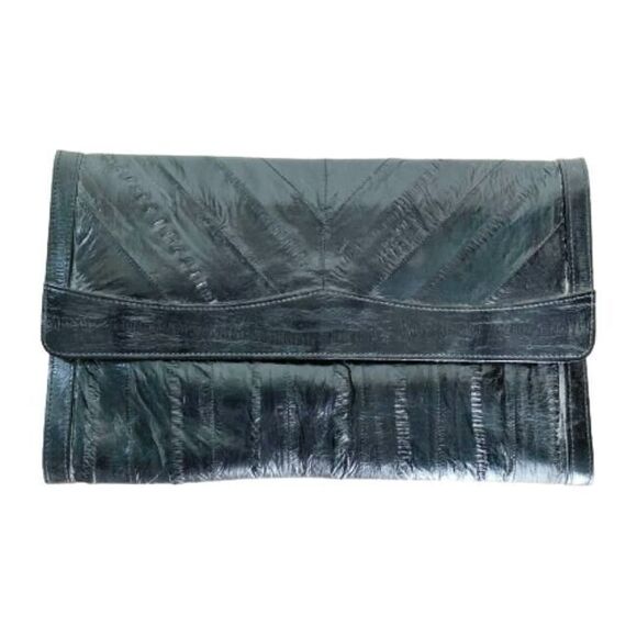 Vintage Handbags - Black Genuine Eel Skin Envelope Clutch Bag Handbag with Pockets Nice!